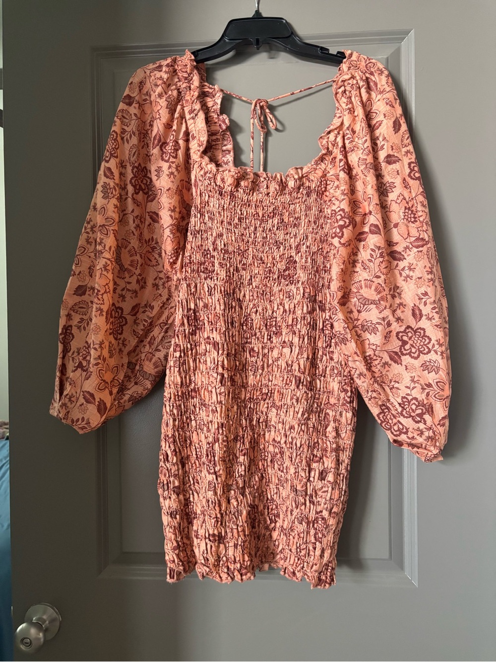 Free People Peach and Rust Smocked Peasant Dress